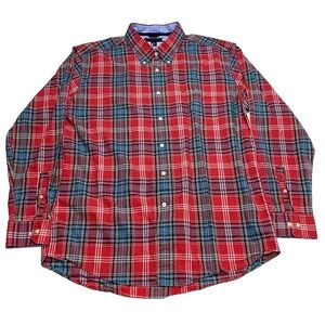 Tommy Hilfiger Button‎ Shirt  XL Red Plaid Flip Cuff Mens
